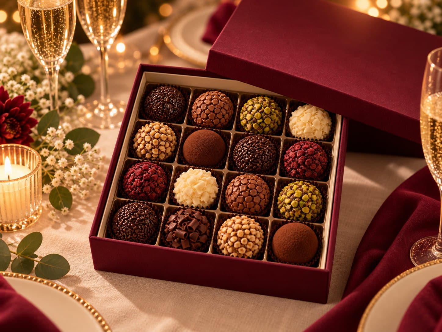 Caixa vinho da Orleans Doces aberta com brigadeiros sortidos sobre mesa decorada