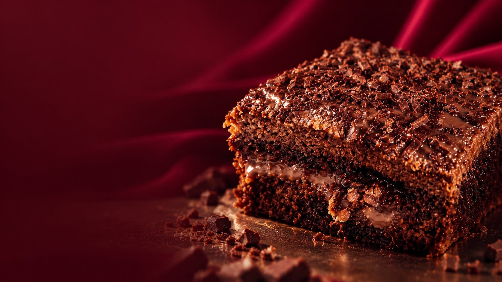 Brownie artesanal com cobertura e raspas de chocolate sobre fundo vinho