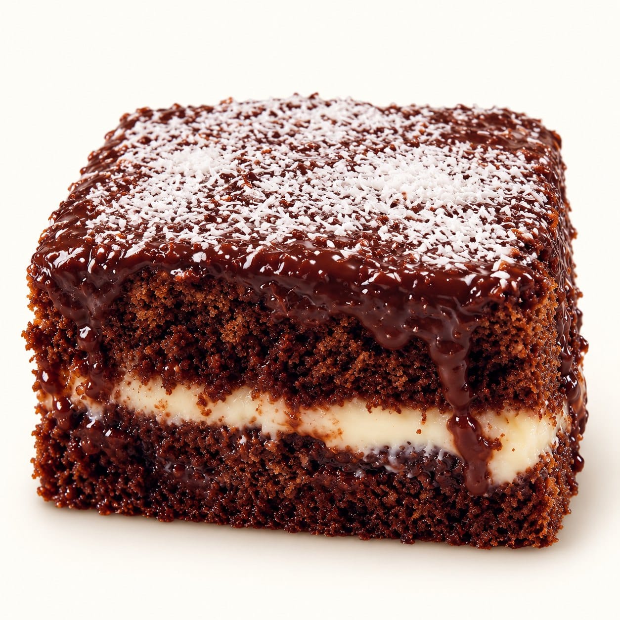 Fatia de bolo de chocolate com recheio de coco e calda de chocolate