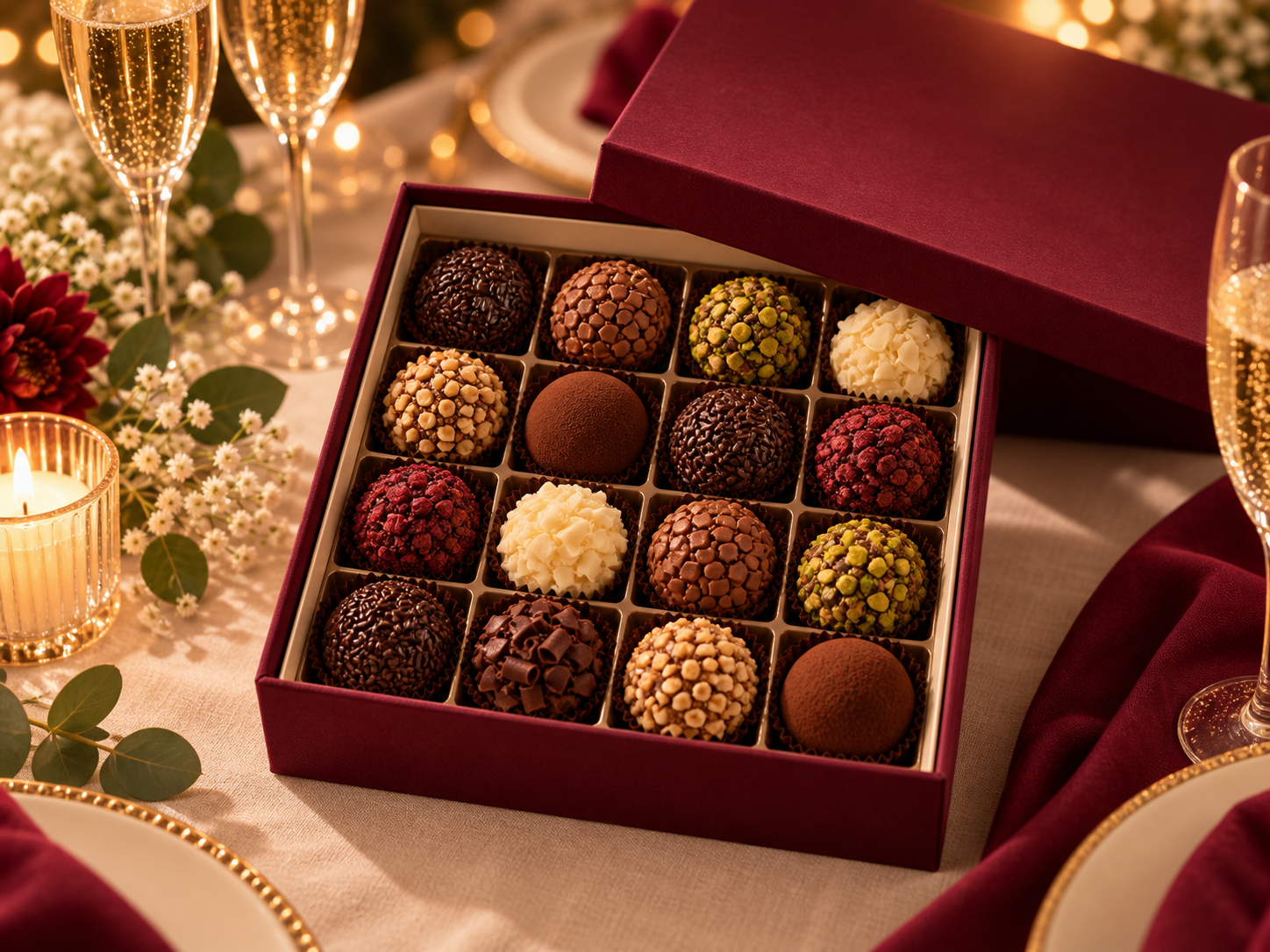 Caixa de brigadeiros artesanais sobre mesa elegante
