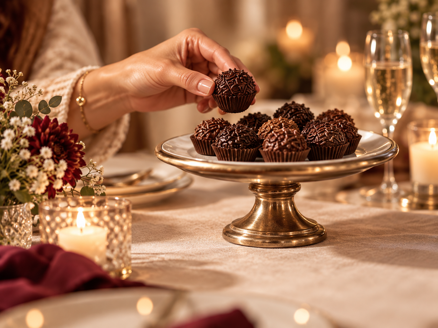 Brigadeiros servidos em uma mesa de celebração